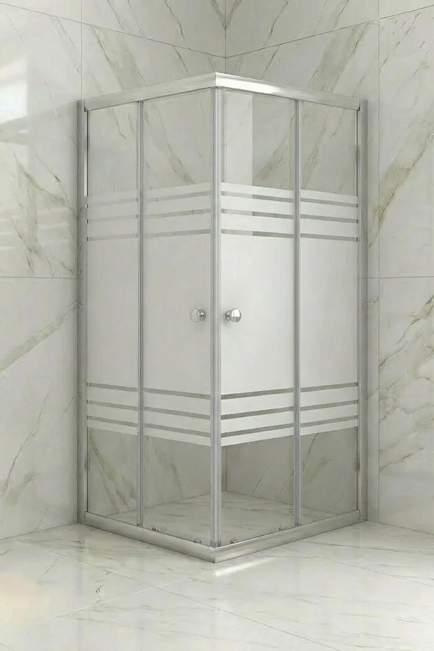 Duşakabin Kare Temperli Cam Sürgülü Kapılı Teknesiz Trio Kumlama Krom Profil